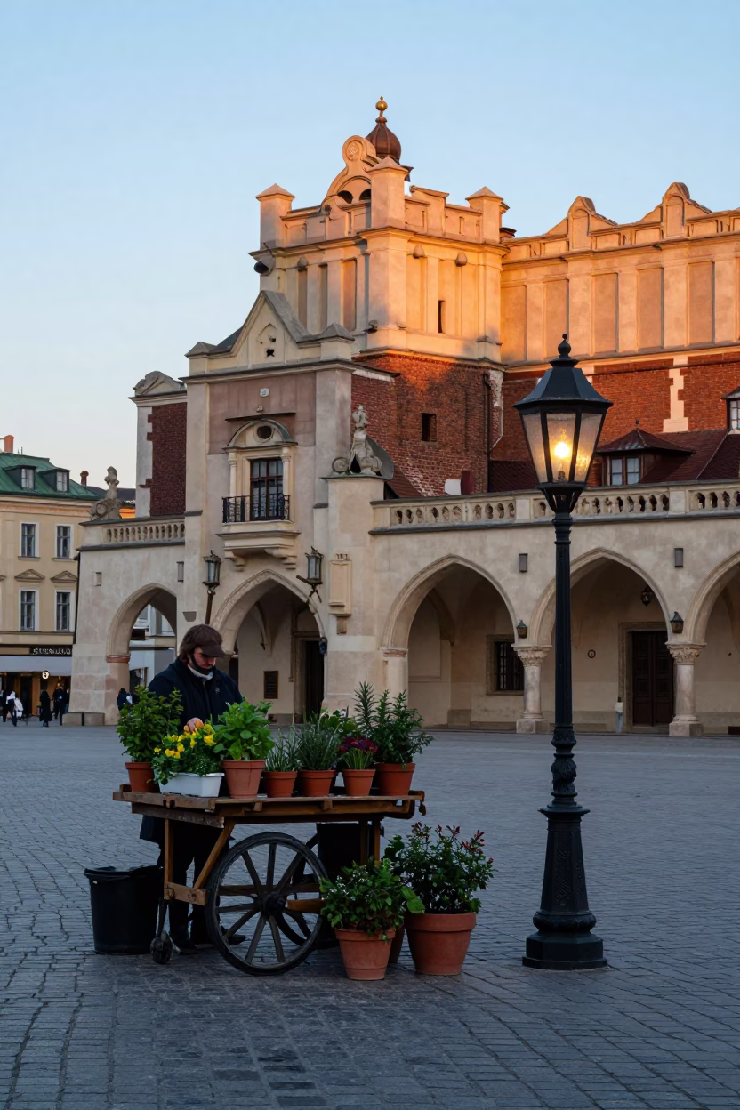 Nautical Dawn in Krakow Poland Featuring Potted Herbs and Lantern at Main Market Square in in Krakow, Poland