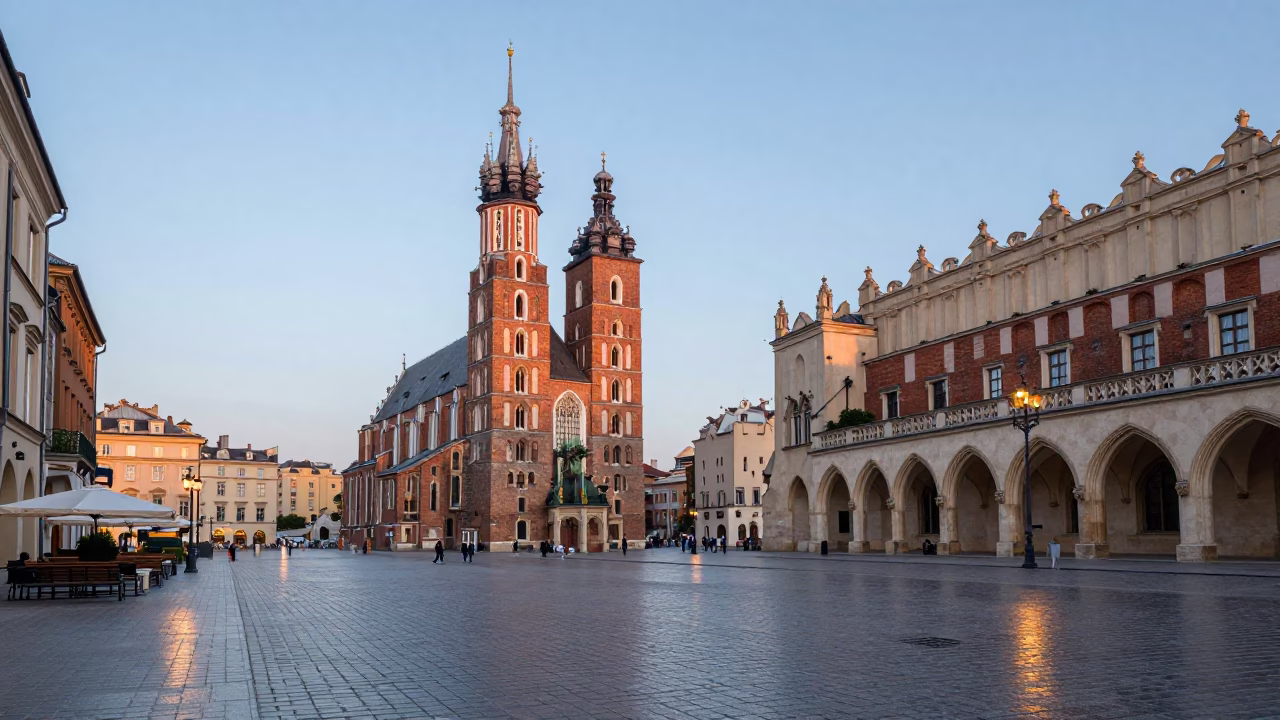 Nautical Dawn in Krakow Poland Main Square Historic Architecture Street Scene in in Krakow, Poland