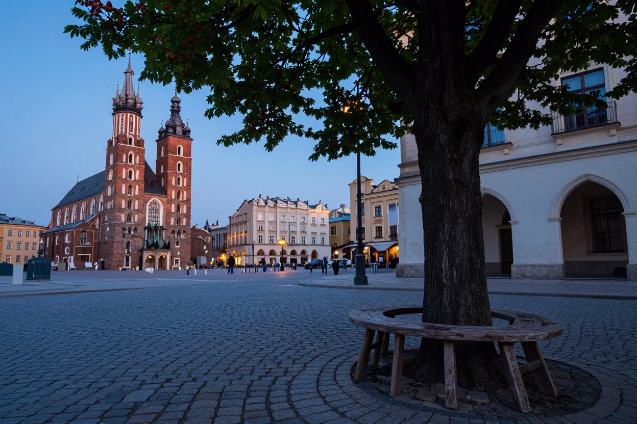 Nautical Dawn in Krakow Poland Street Scene with Chestnut Tree and Stool Shadows in in Krakow, Poland