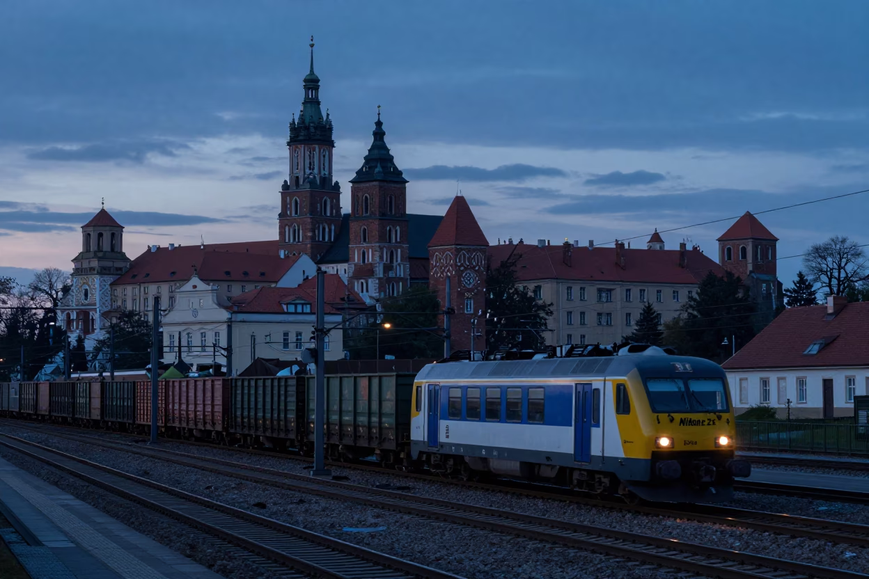 Nautical Dawn in Krakow Poland with Freight Train at Rail Yard in in Krakow, Poland