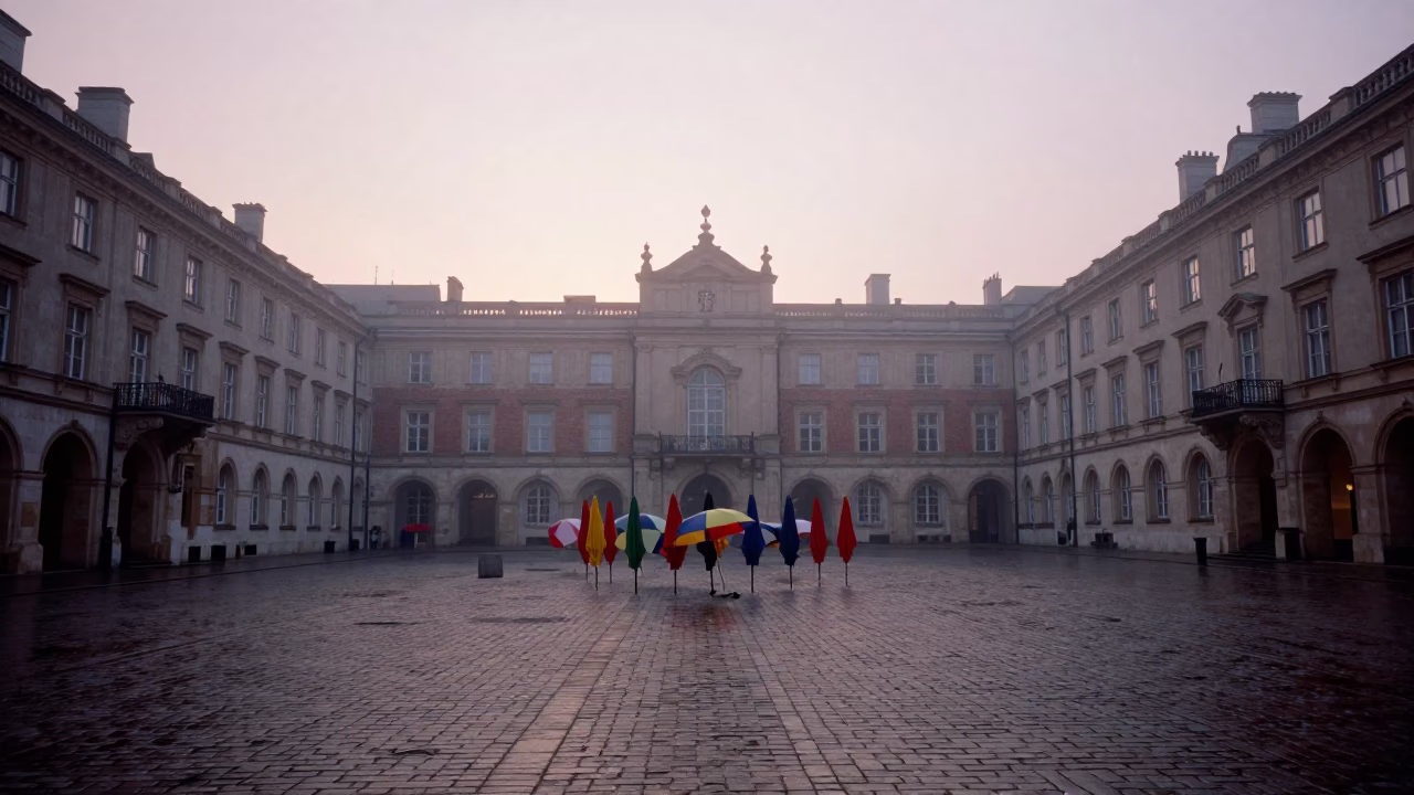 Nautical Dawn in Krakow Poland with Umbrellas in University Courtyard in in Krakow, Poland