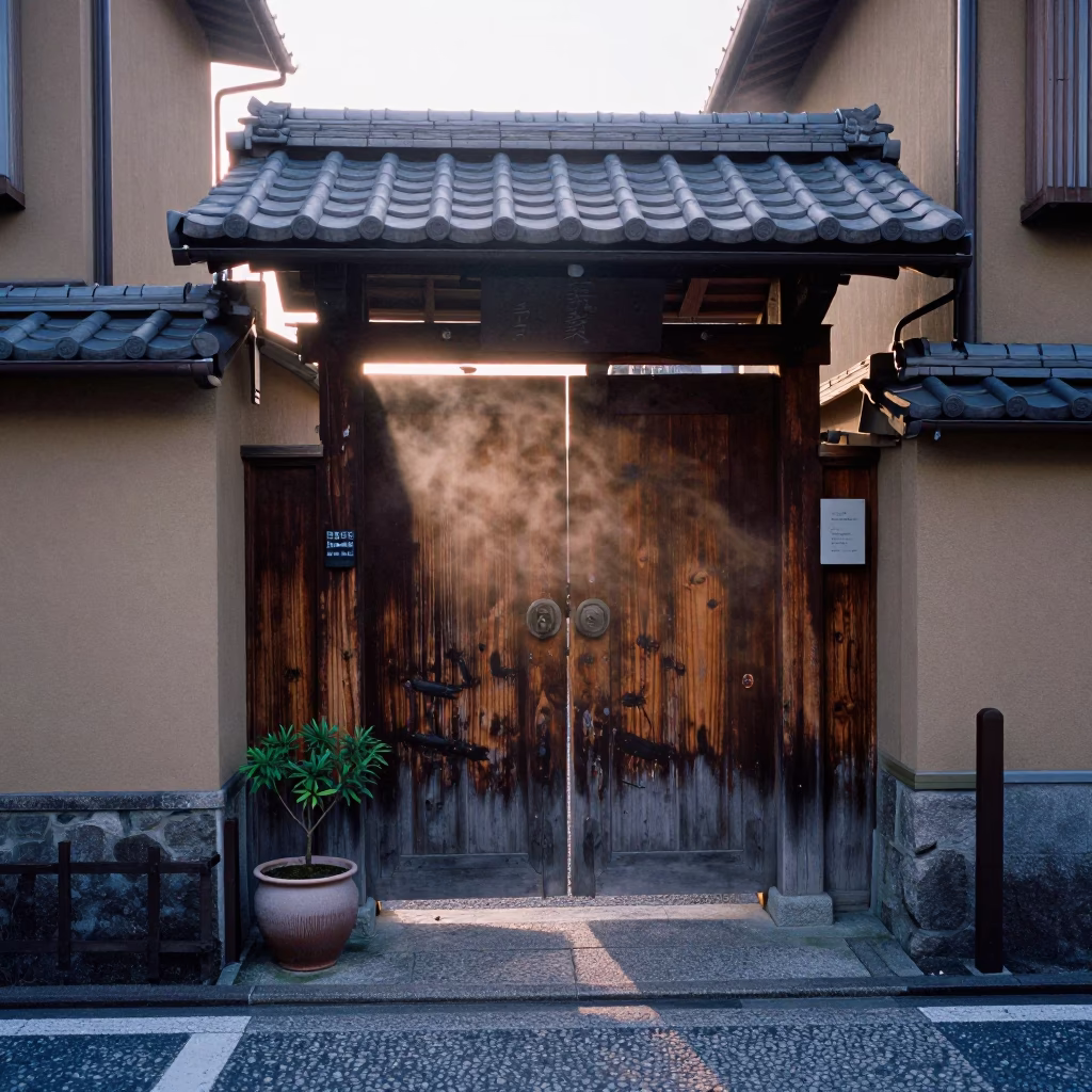 Nautical Dawn in Kyoto Japan Street Scene with Plant Pot and Jam Jar in in Kyoto, Japan