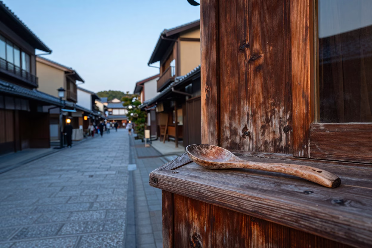 Nautical Dawn in Kyoto Japan Street Scene with Weathered Olive Wood Spoon in in Kyoto, Japan