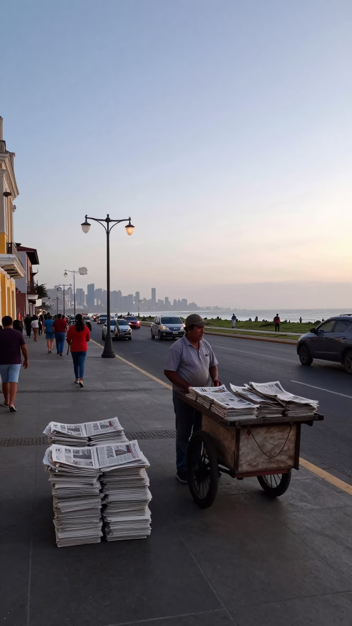 Nautical Dawn in Lima Peru Street Scene with Newspaper Stack and Houseplant in in Lima, Peru