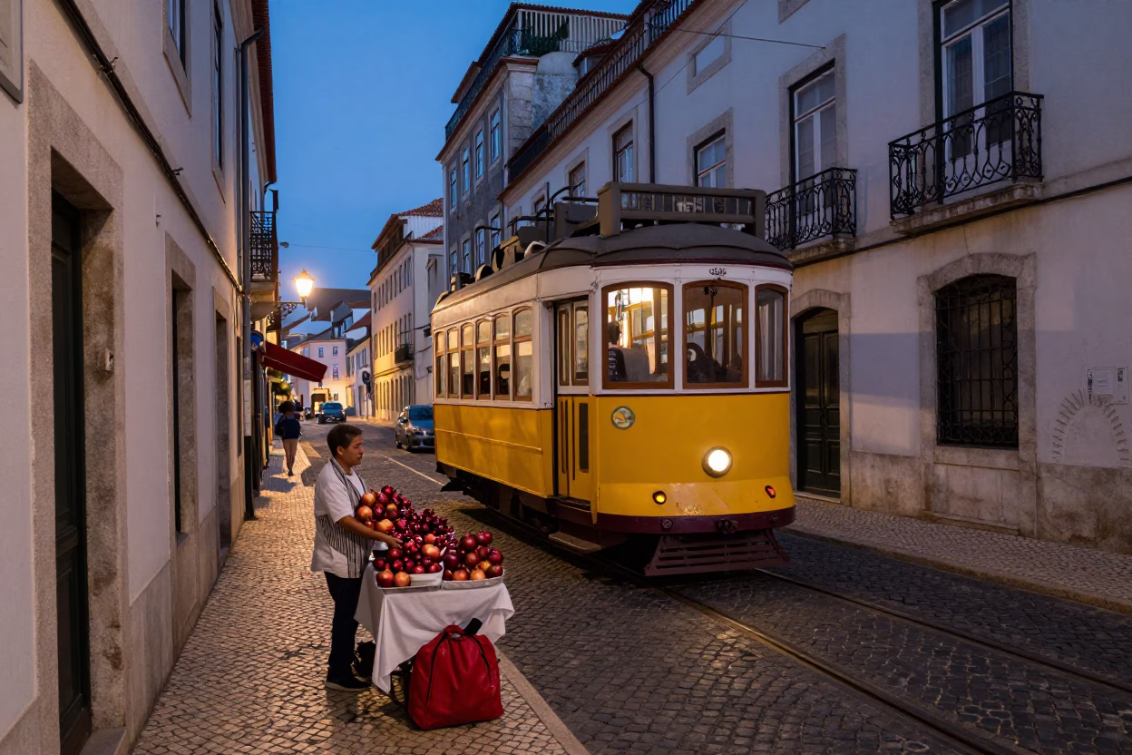 Nautical Dawn in Lisbon Portugal Street Scene with Pomegranate Vendor and Traditional Tram in in Lisbon, Portugal