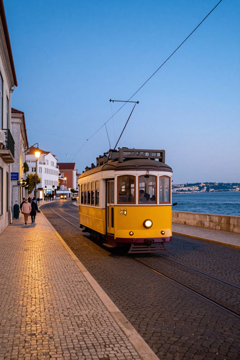 Nautical Dawn in Lisbon Portugal Street Scene with Tram and River Bridge in in Lisbon, Portugal