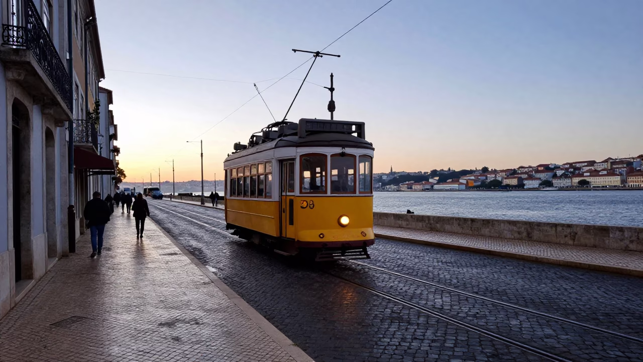 Nautical Dawn in Lisbon Portugal Street Scene with Tram and River View in in Lisbon, Portugal