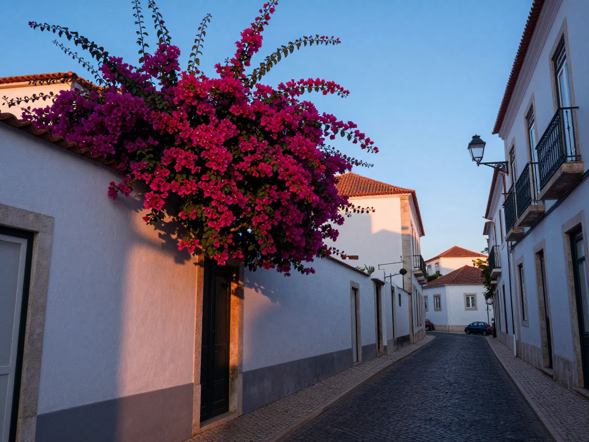 Nautical Dawn in Lisbon Portugal with Bougainvillea and Traditional Street Scene in in Lisbon, Portugal