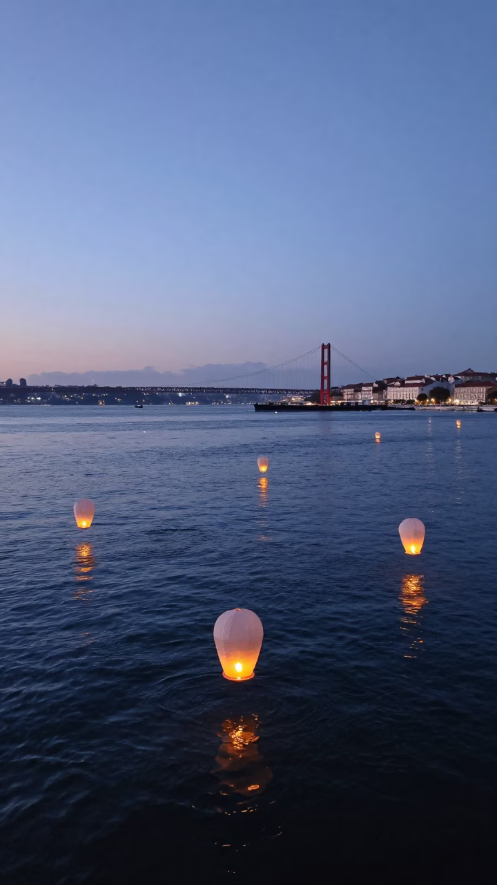 Nautical Dawn in Lisbon Portugal with Paper Lanterns Floating on Water in in Lisbon, Portugal