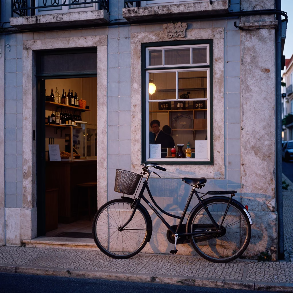 Nautical Dawn in Lisbon Portugal with Vintage Bicycle and Bakery Exterior in in Lisbon, Portugal
