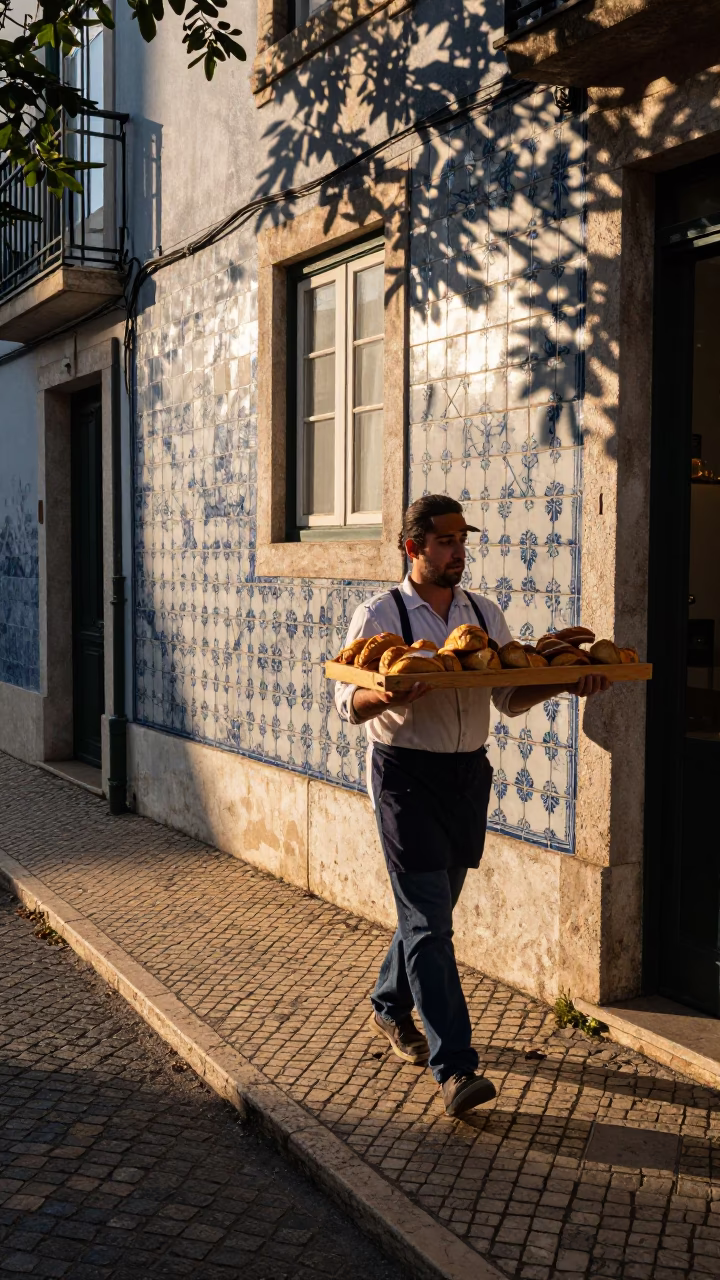Nautical Dawn in Lisbon with Leaf Shadows on Tile and Morning Coffee in in Lisbon, Portugal