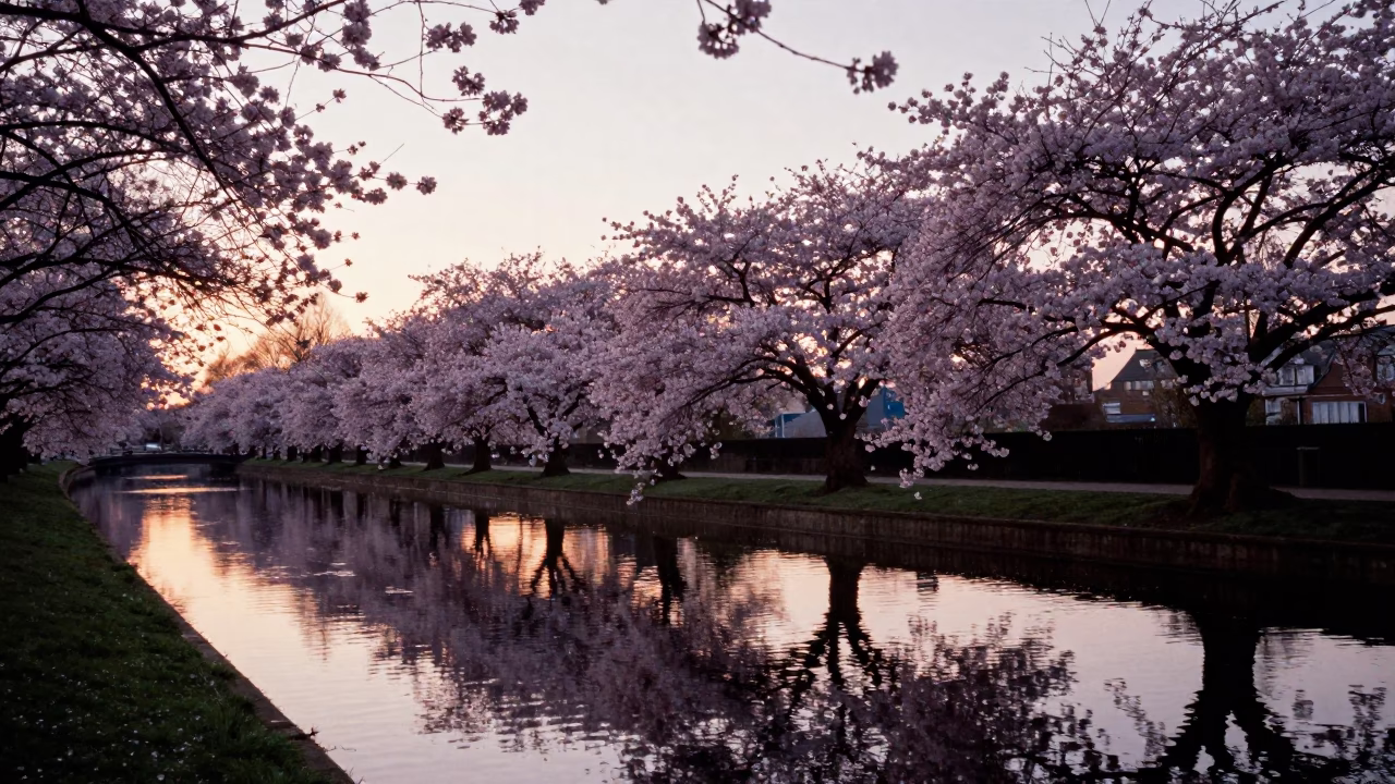 Nautical Dawn in London United Kingdom Cherry Trees Canal Reflection in in London, United Kingdom