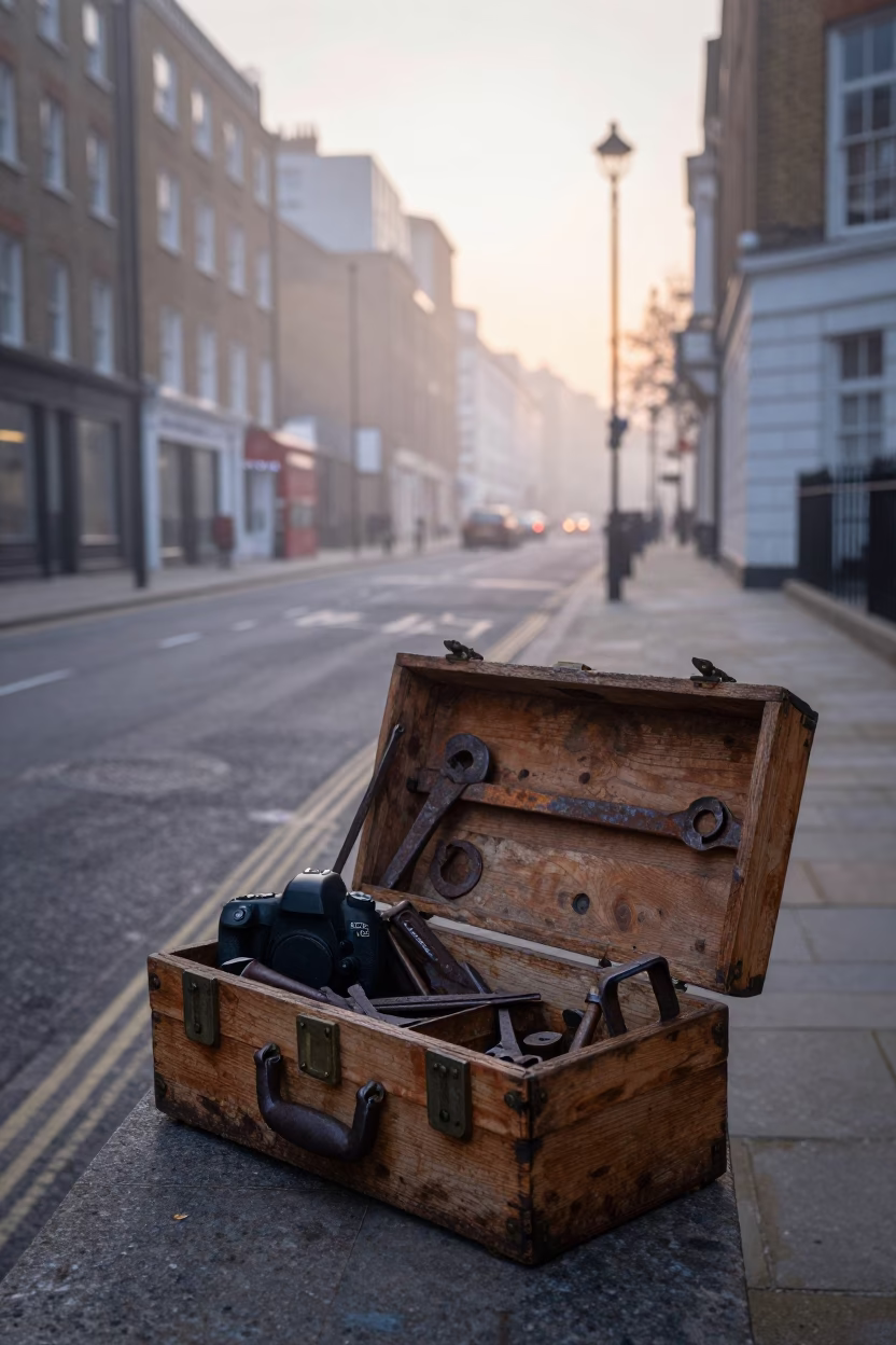 Nautical Dawn in London United Kingdom Street Scene with Toolbox and Plumb Bob in in London, United Kingdom