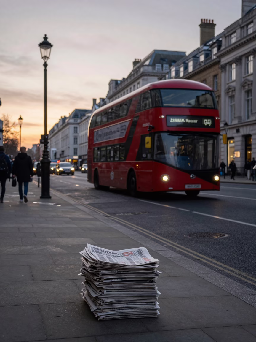 Nautical Dawn in London United Kingdom with Newspaper Stack and Street Scene in in London, United Kingdom