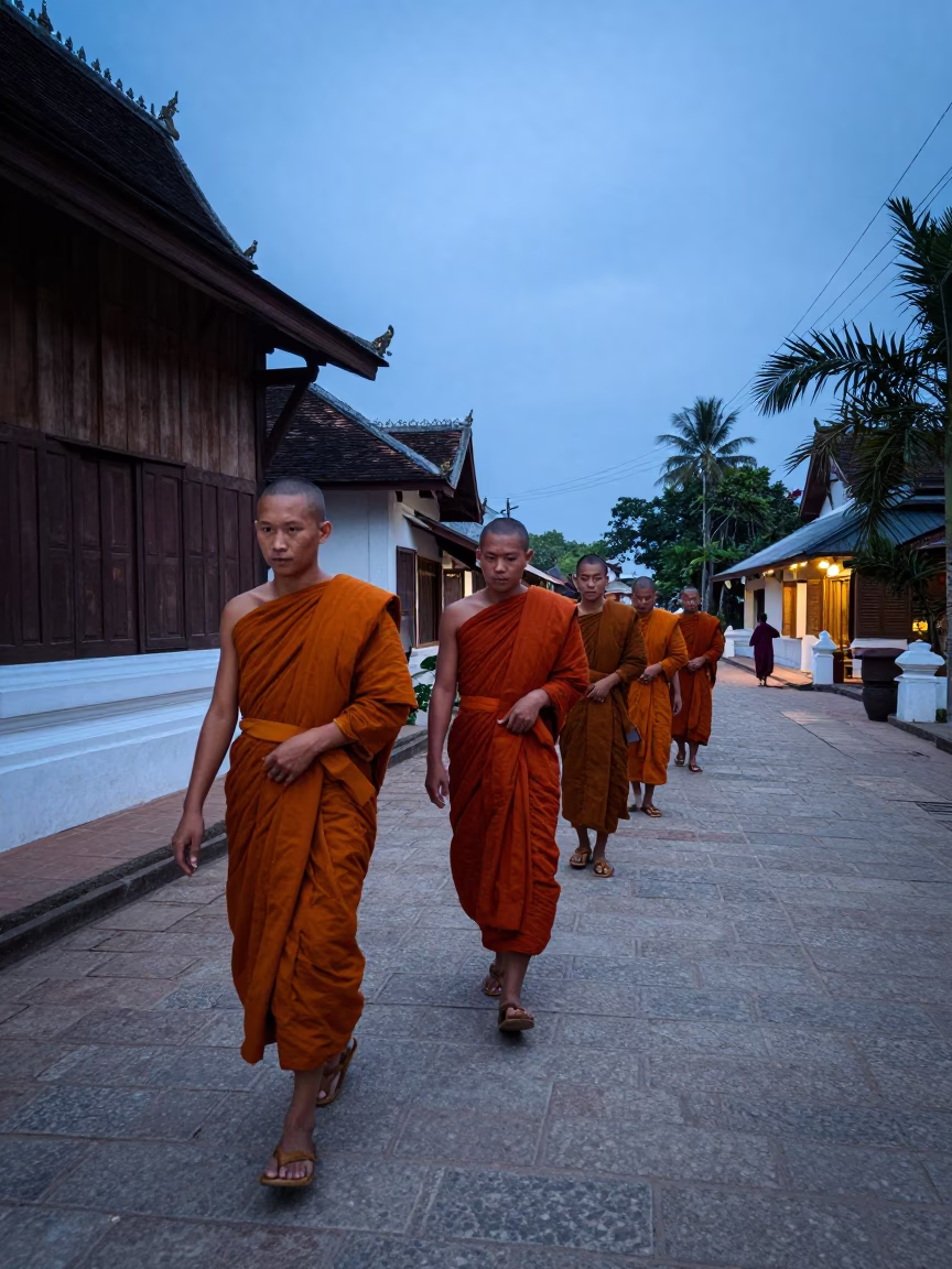 Nautical Dawn in Luang Prabang Laos Street Scene with Monks and Wooden Mallet in in Luang Prabang, Laos