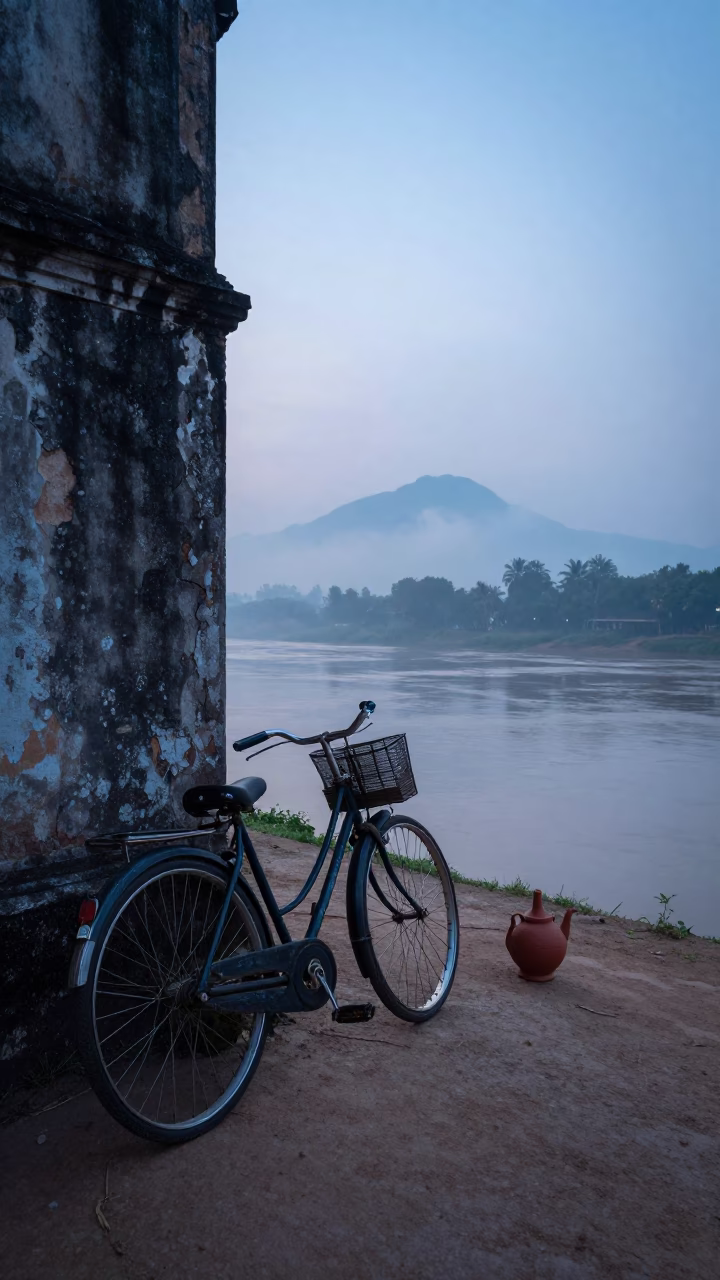 Nautical Dawn in Luang Prabang Laos with Vintage Bicycle and Clay Teapot in in Luang Prabang, Laos