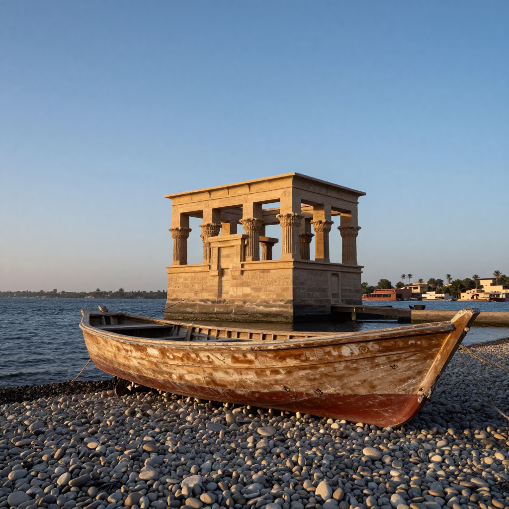 Nautical Dawn in Luxor Egypt Rowboat on Pebble Beach Ancient Temple Walls in in Luxor, Egypt