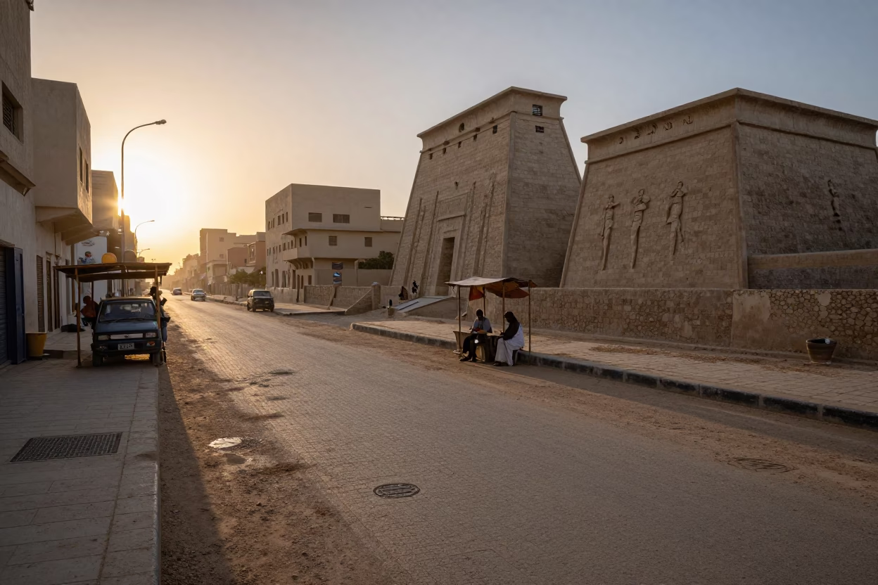 Nautical Dawn in Luxor Egypt Street Scene with Tea Stains and Terracotta Pot in in Luxor, Egypt