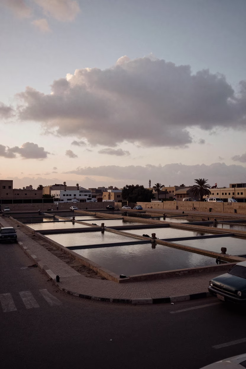 Nautical Dawn in Luxor Egypt Street Scene with Water Treatment Basin and Industrial Clouds in in Luxor, Egypt
