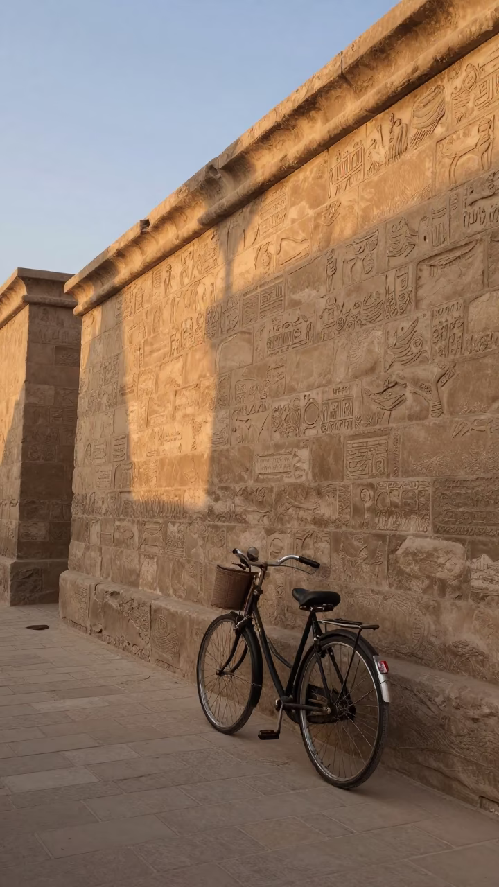 Nautical Dawn in Luxor Egypt Vintage Bicycle Against Wall Stone Architecture in in Luxor, Egypt