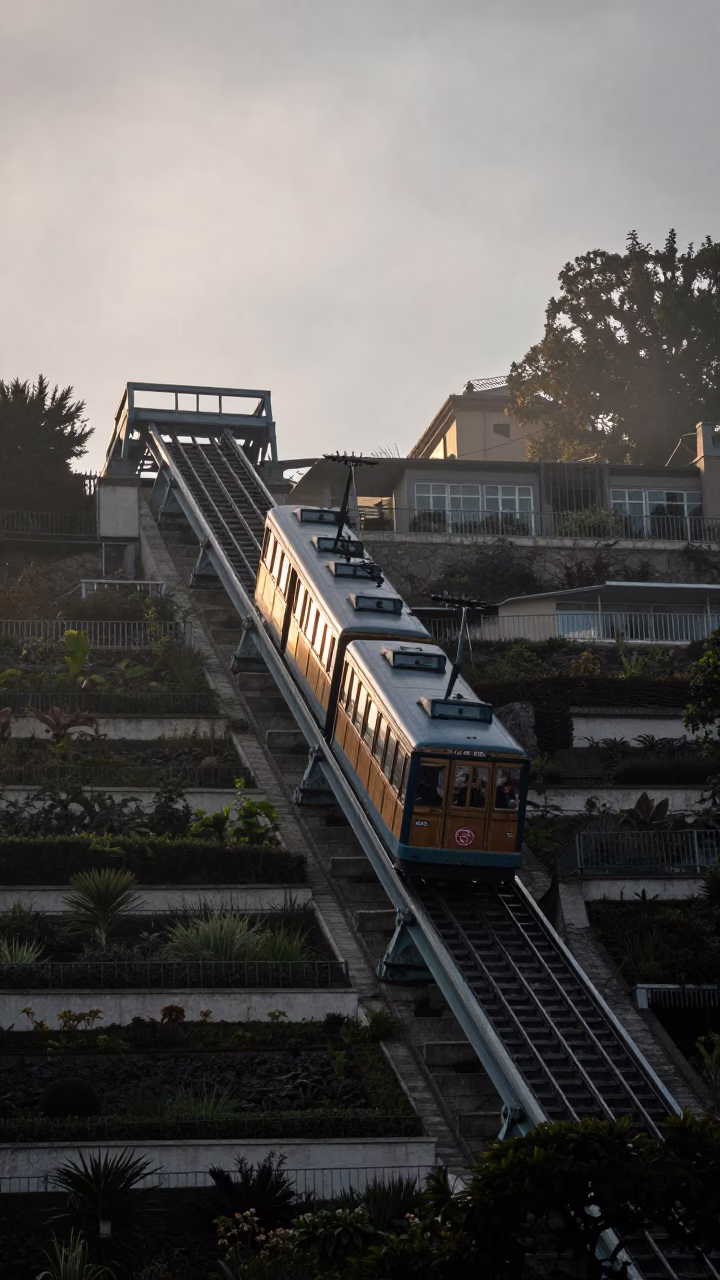 Nautical Dawn in Lyon France Funicular Rising Through Terraced Gardens in in Lyon, France