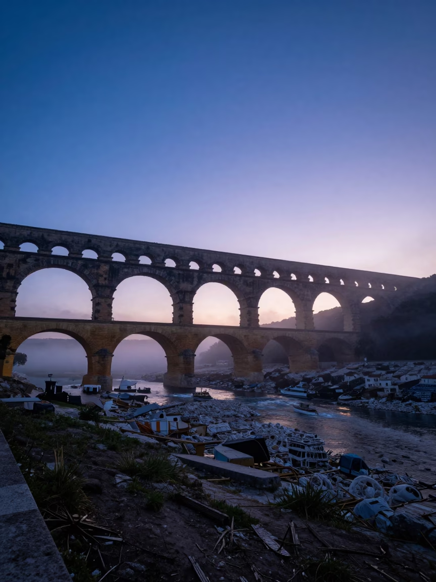 Nautical Dawn in Lyon France with Roman Aqueduct and Morning Mist in in Lyon, France
