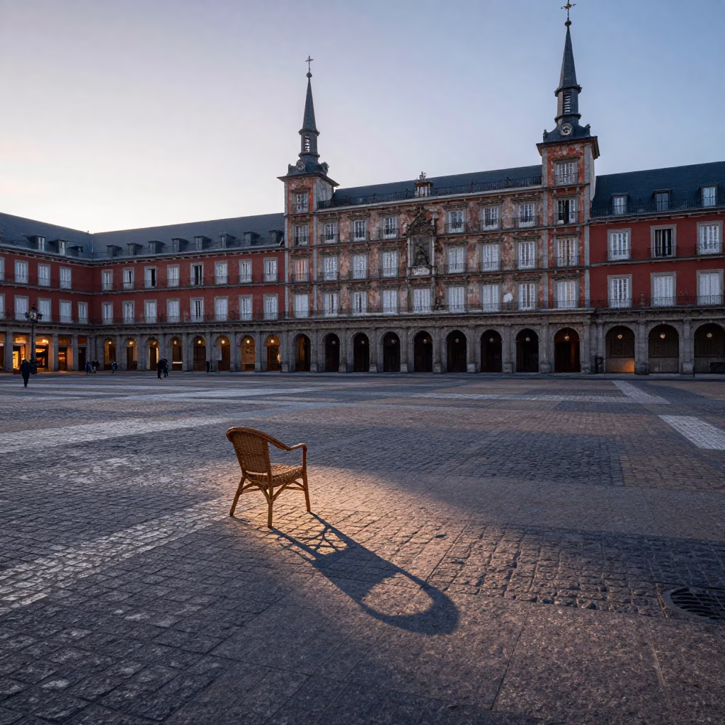 Nautical Dawn in Madrid Plaza Mayor with Wicker Shadow on Weathered Plaster in in Madrid, Spain