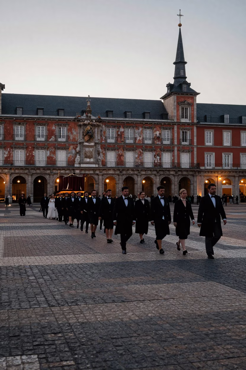 Nautical Dawn in Madrid Plaza with Traditional Wedding Procession Passing Historic Stone Fountain in in Madrid, Spain