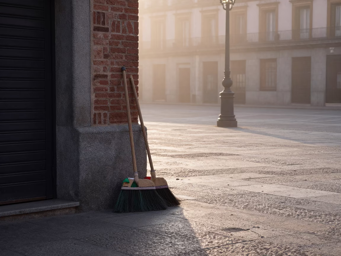 Nautical Dawn in Madrid Spain Street Scene with Brooms and Urban Details in in Madrid, Spain