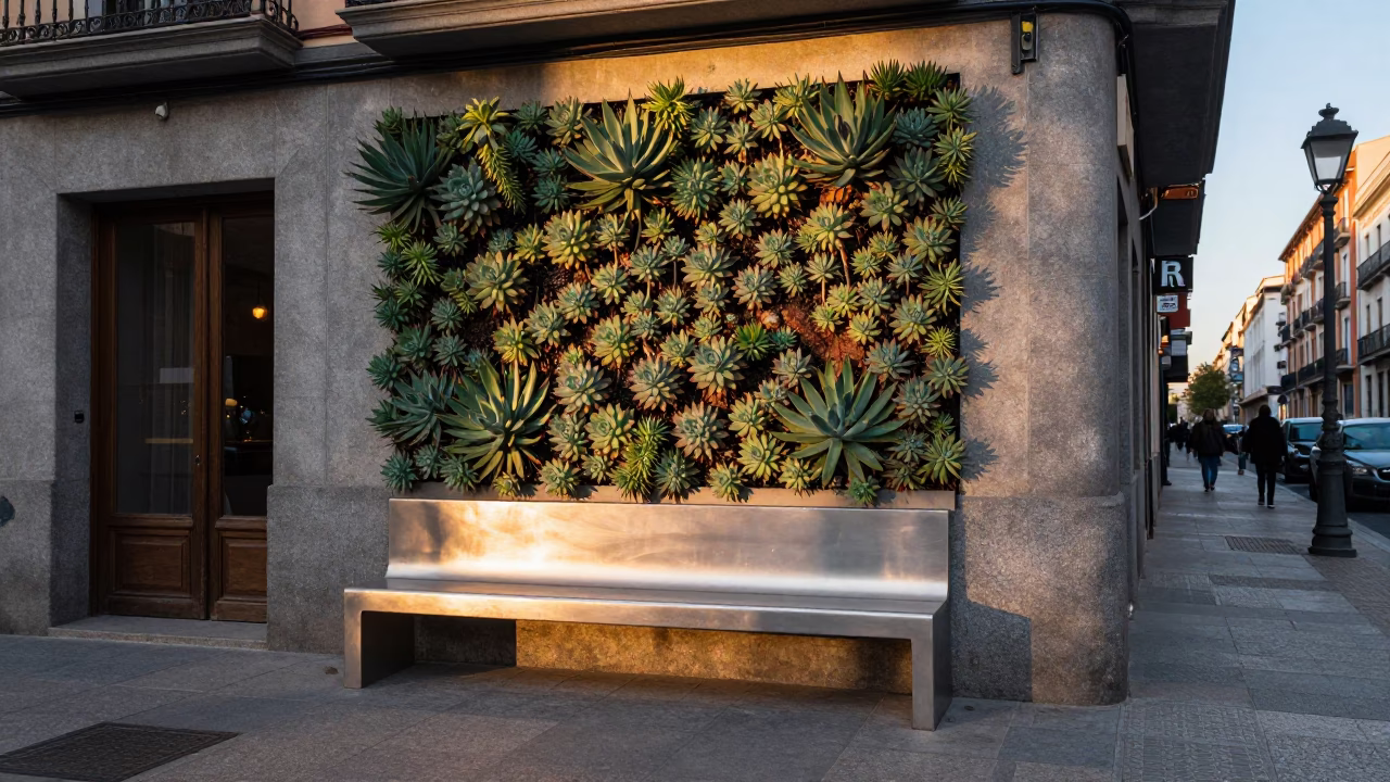 Nautical Dawn in Madrid Spain Street Scene with Brushed Steel Bench and Succulent Wall in in Madrid, Spain