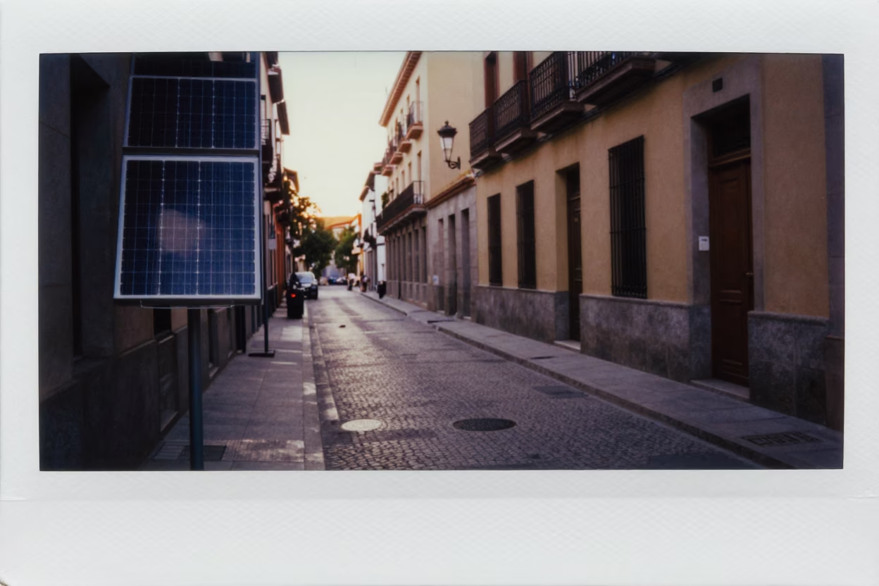 Nautical Dawn in Madrid Spain Street Scene with Solar Panels in in Madrid, Spain