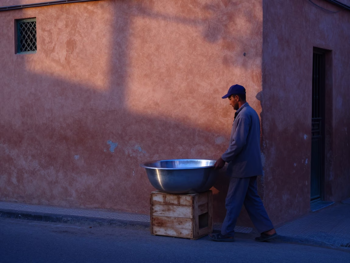 Nautical Dawn in Marrakech Medina with Brushed Steel Basin and Soap Residue in in Marrakech, Morocco