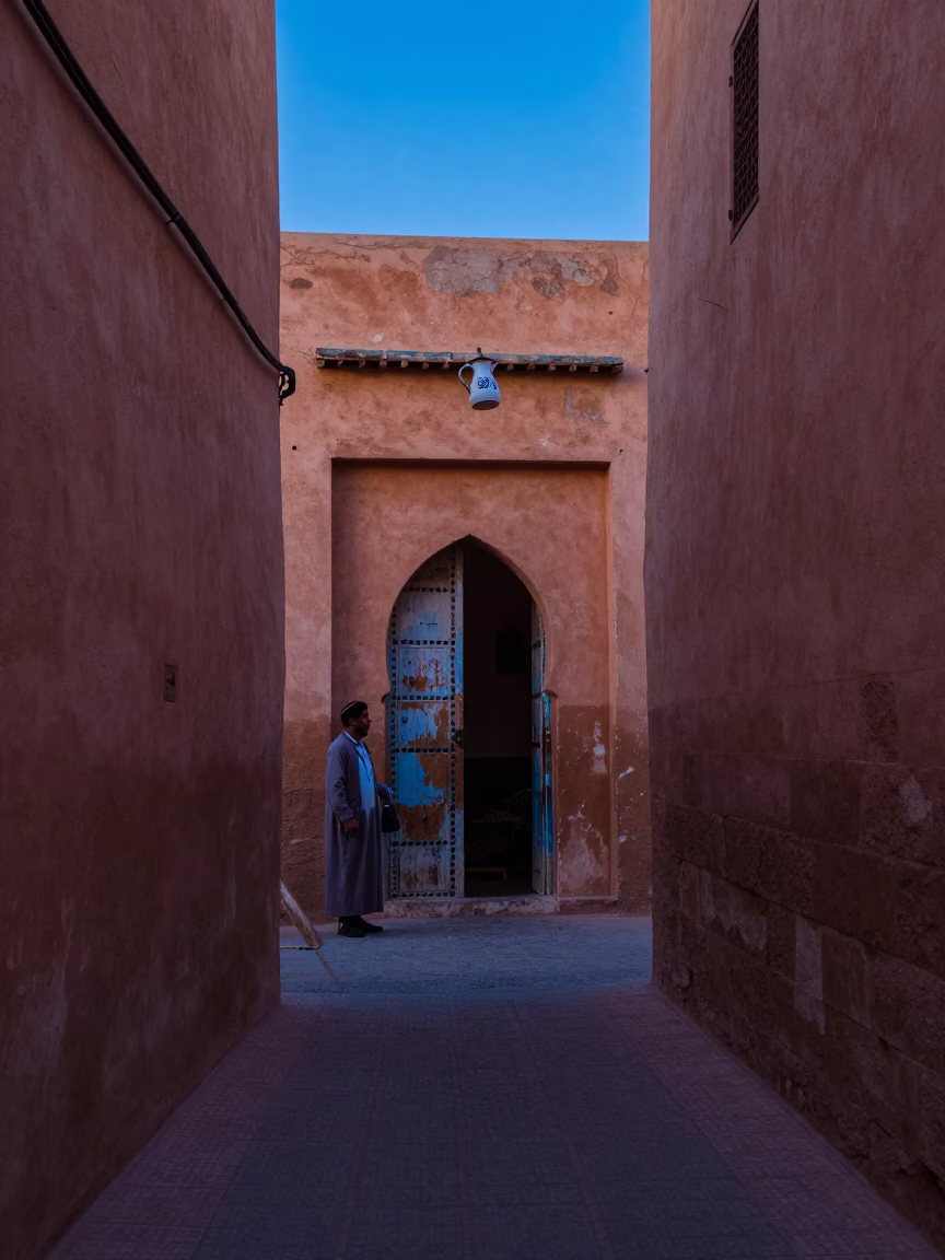Nautical Dawn in Marrakech Medina with Enamel Pitcher and Local Life in in Marrakech, Morocco
