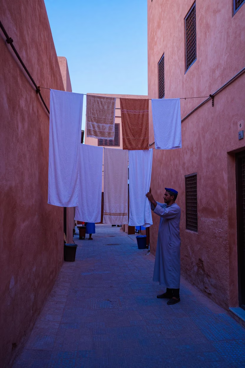 Nautical Dawn in Marrakech Morocco Street Scene with Hanging Towels in in Marrakech, Morocco
