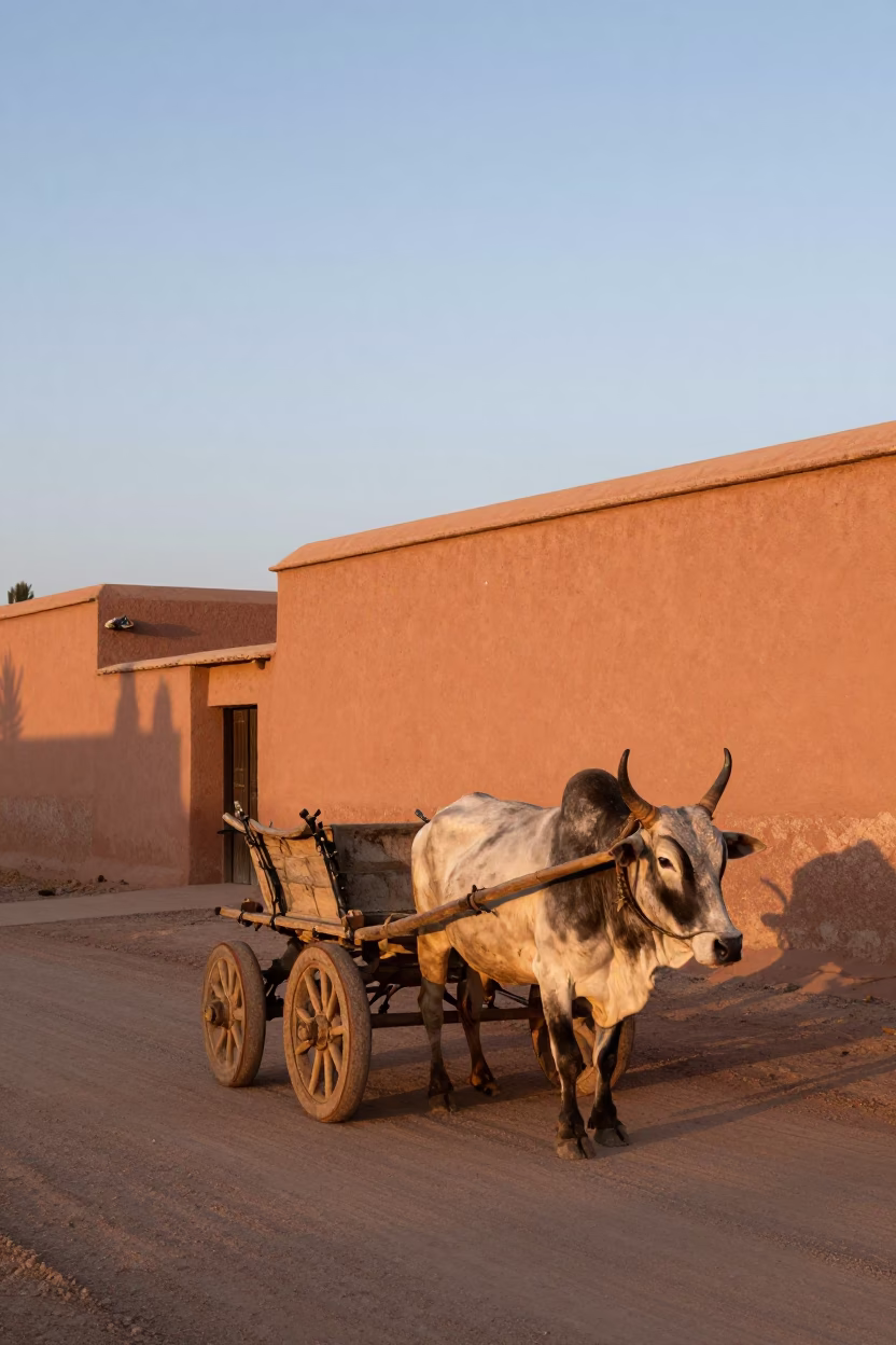 Nautical Dawn in Marrakech Morocco with Ox Cart on Dusty Road and Patterned Rug in in Marrakech, Morocco