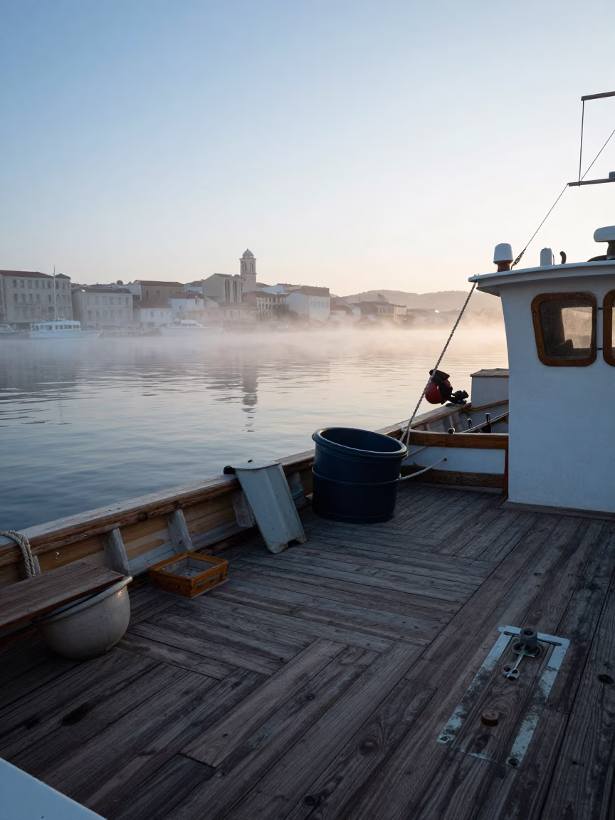 Nautical Dawn in Marseille France Old Port Fishing Boat Deck Gear and Morning Light in in Marseille, France