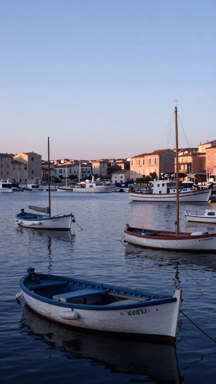 Nautical Dawn in Marseille France showing old fishing boats and harbor calm in in Marseille, France