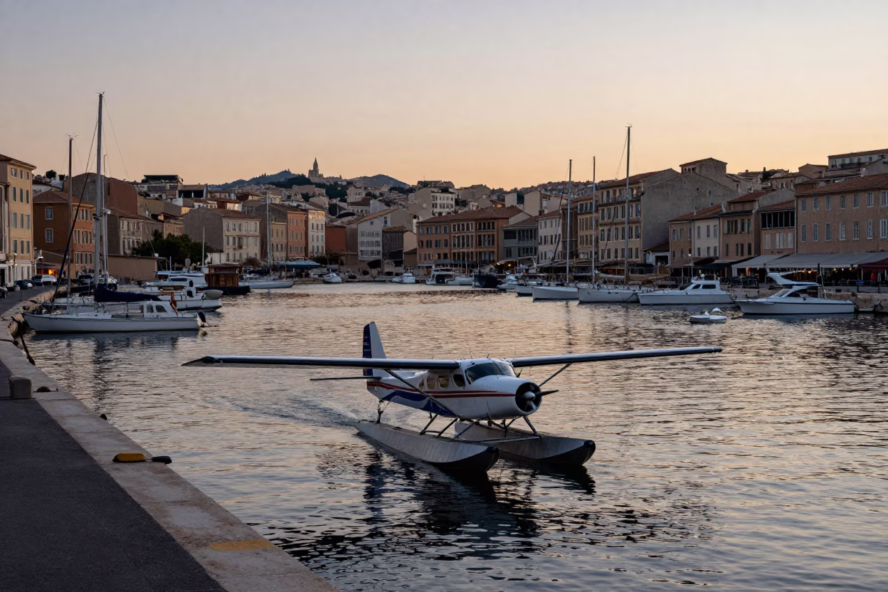 Nautical Dawn in Marseille France Street Scene with Floatplane and Local Life in in Marseille, France