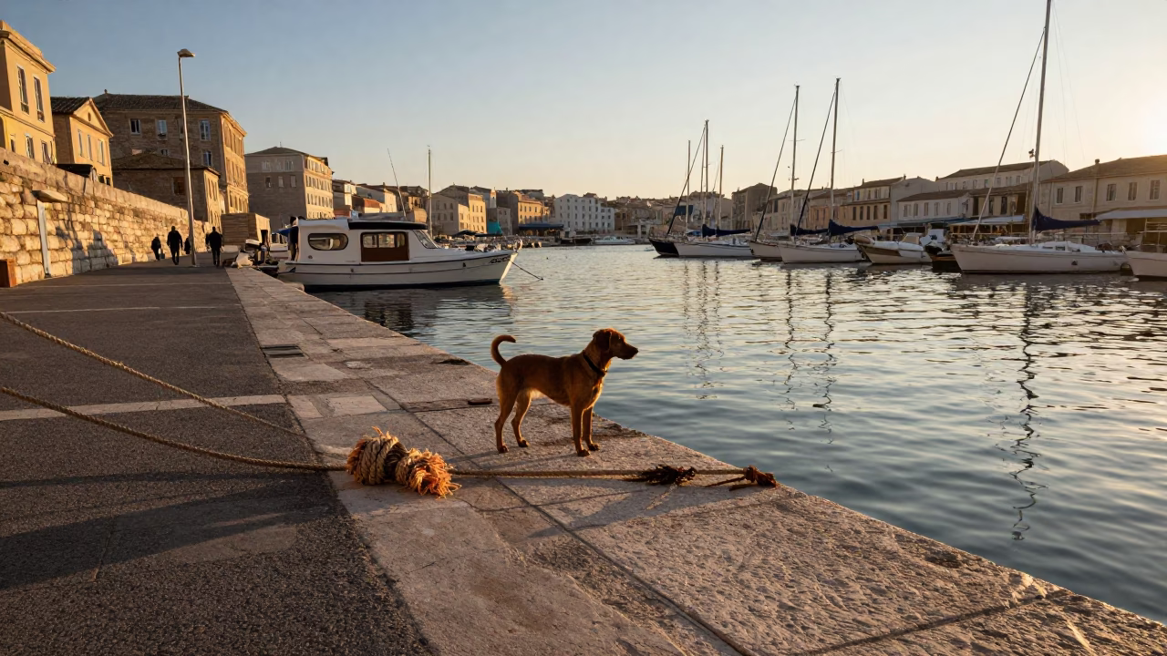 Nautical Dawn in Marseille France with Brown Dog and Frayed Rope Fibers in in Marseille, France