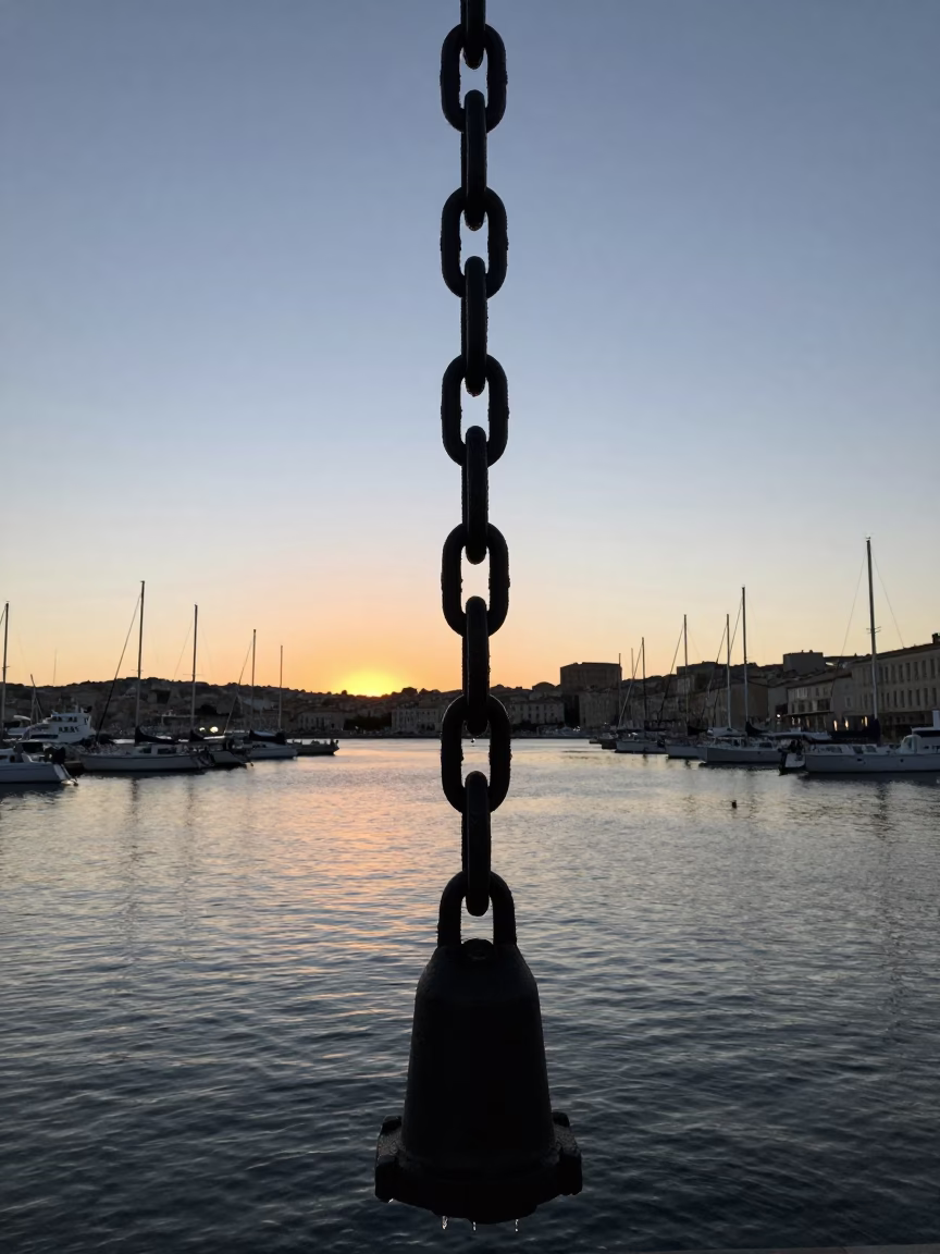 Nautical Dawn in Marseille France with Reservoir Intake Chain Dripping Black Water in in Marseille, France