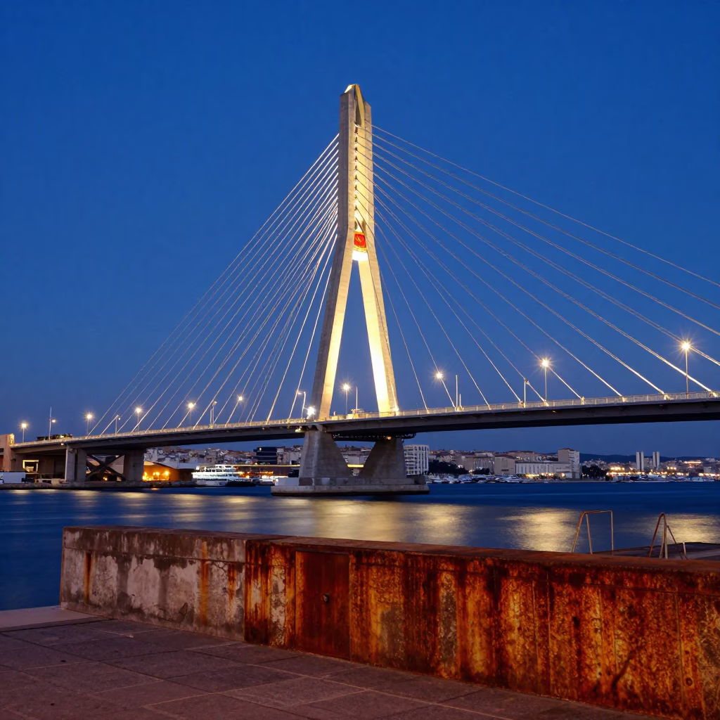 Nautical Dawn in Marseille with Cable-Stayed Bridge Illuminated and Rustic Canal Lock in in Marseille, France