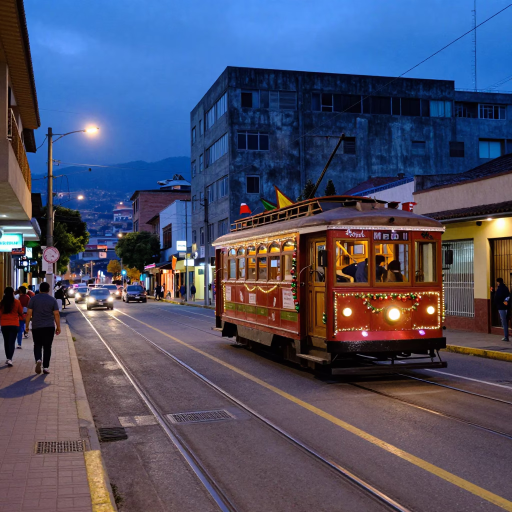 Nautical Dawn in Medellin Colombia Street Scene with Tramcar and Urban Life in in Medellin, Colombia