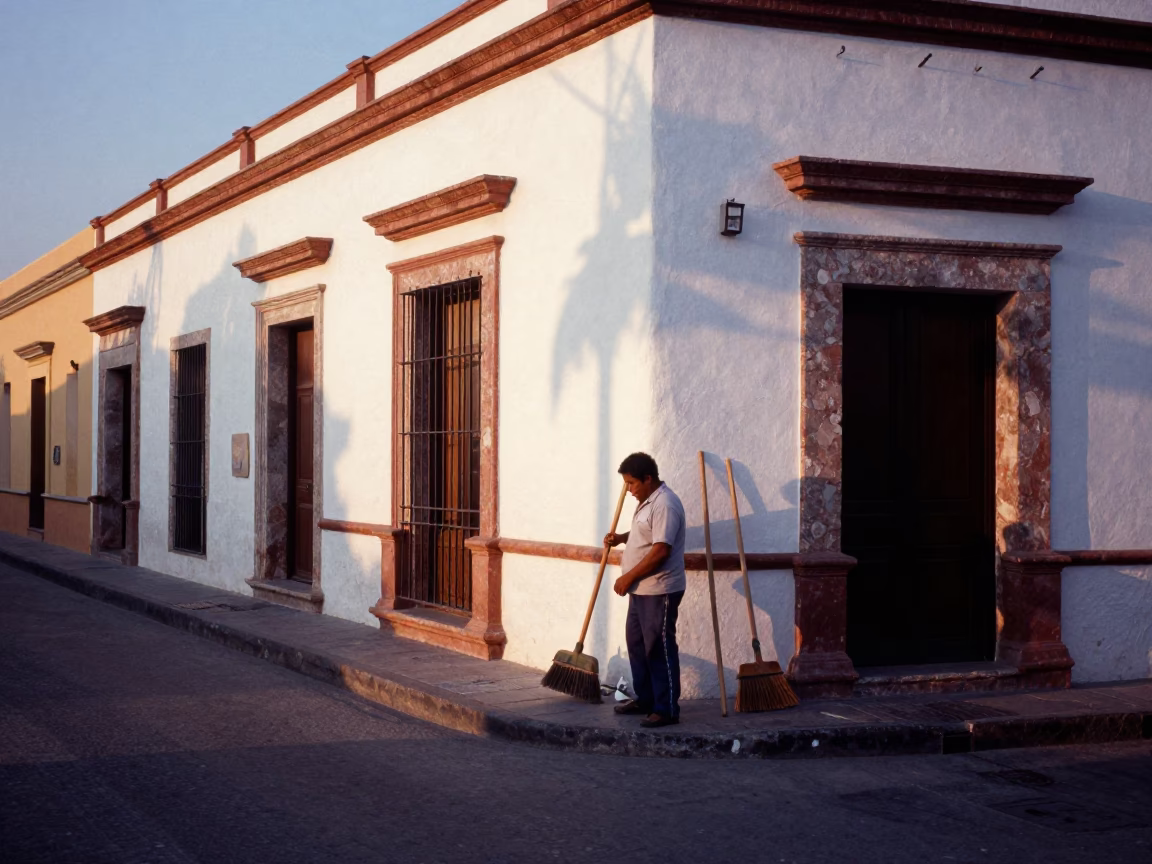 Nautical Dawn in Merida Mexico Street Scene with Brooms and Watering Jug in in Merida, Mexico