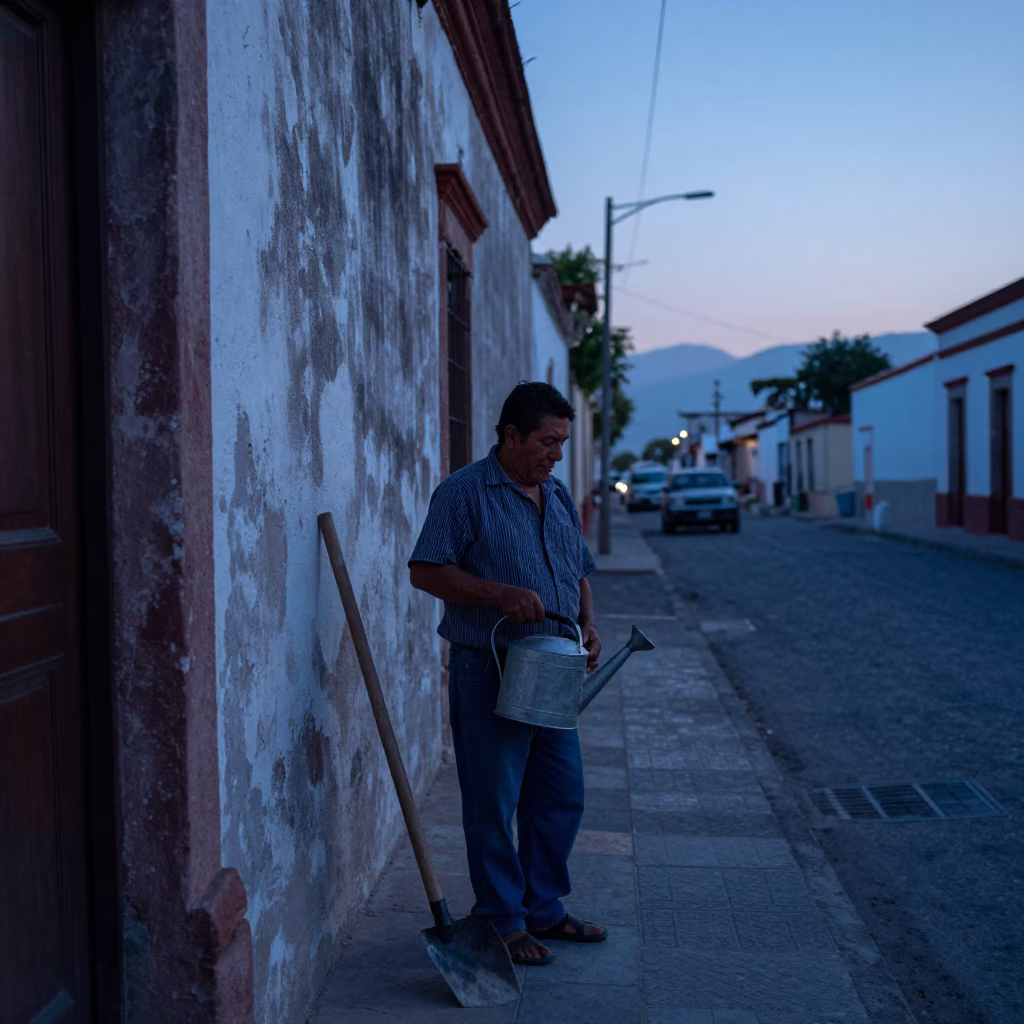 Nautical Dawn in Merida Mexico Street Scene with Watering Jug and Hoe in in Merida, Mexico