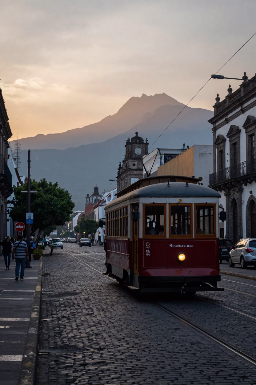 Nautical Dawn in Mexico City Heritage Tram on Cobblestone Avenue at Early Morning in in Mexico City, Mexico
