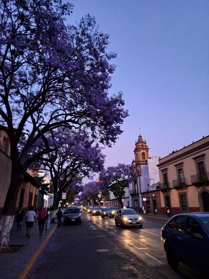 Nautical Dawn in Mexico City Jacaranda Bloom and Street Life in in Mexico City, Mexico