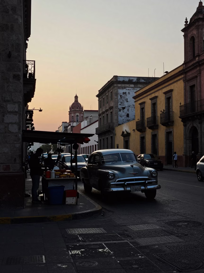 Nautical Dawn in Mexico City Street Scene with Vintage Car and Hanging Plants in in Mexico City, Mexico