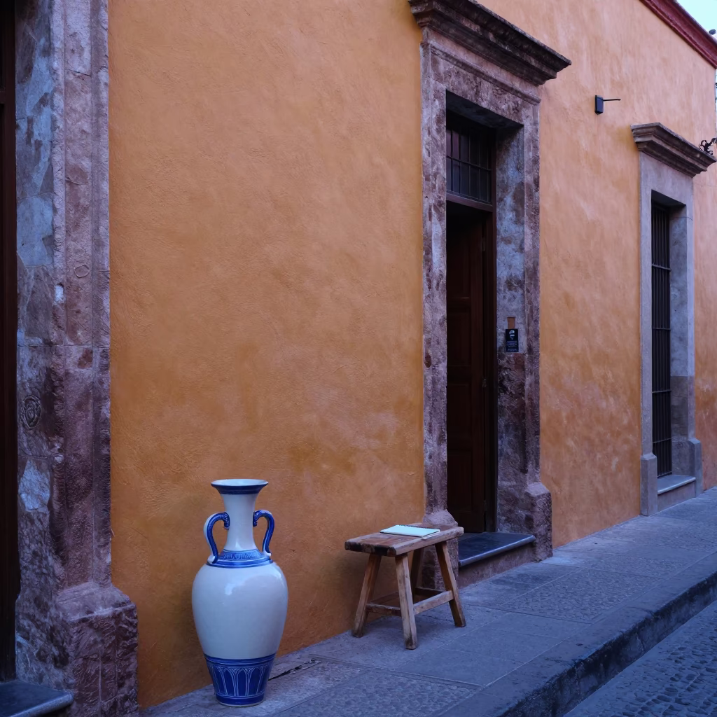 Nautical Dawn in Mexico City Street with Ceramic Vase and Notebook in in Mexico City, Mexico