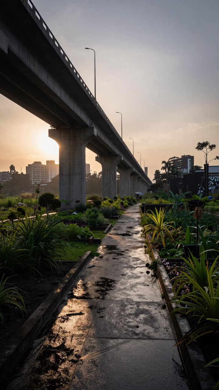 Nautical Dawn in Mexico City Viaduct Shadow Over Rain-Washed Allotment Gardens in in Mexico City, Mexico