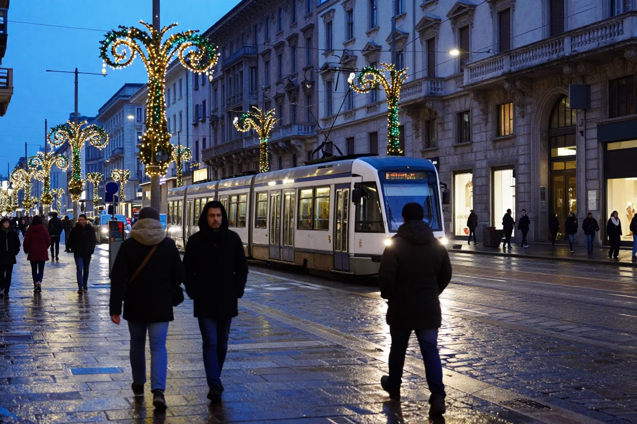 Nautical Dawn in Milan Italy Street Scene with Tram and Urban Life in in Milan, Italy